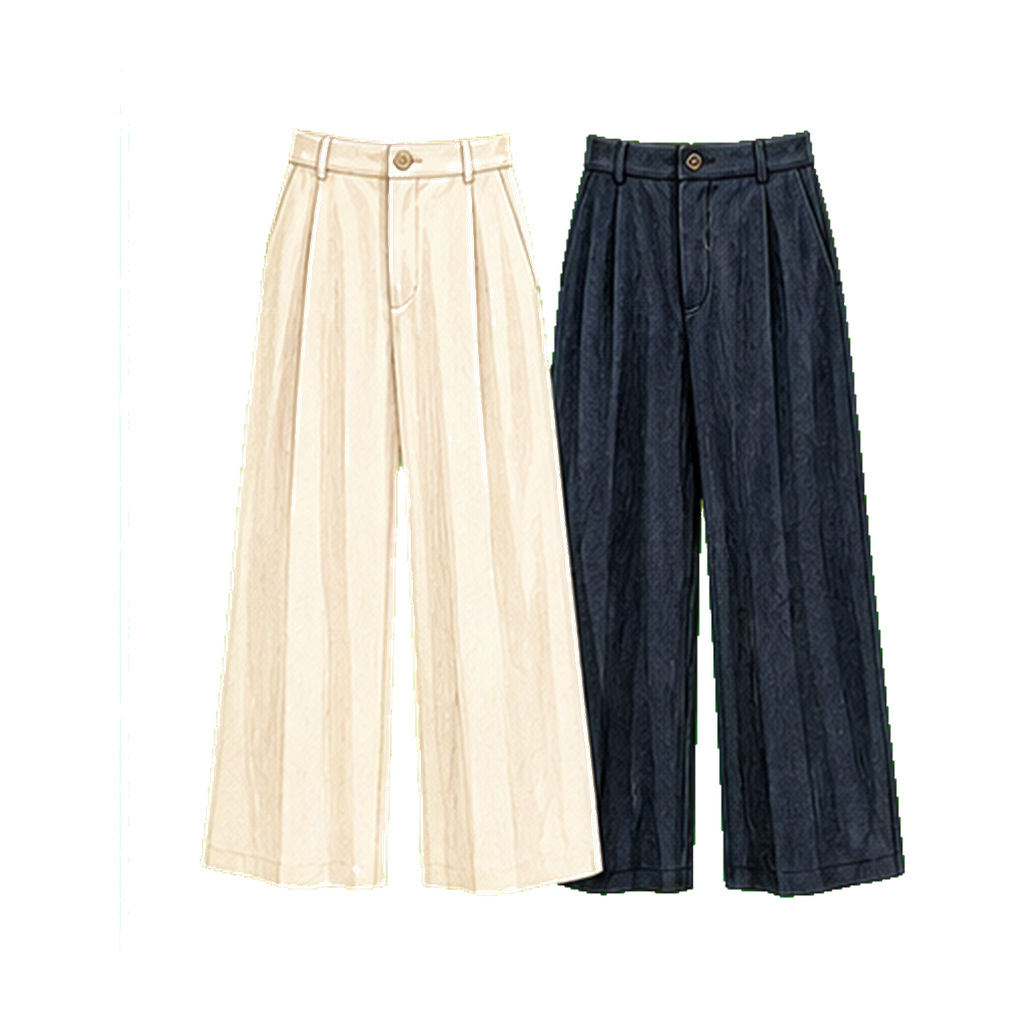 Rayon or linen-blend trousers (cream + navy)