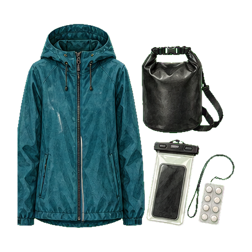 Heavy-duty rain shell + dry bag + electrolyte tabs