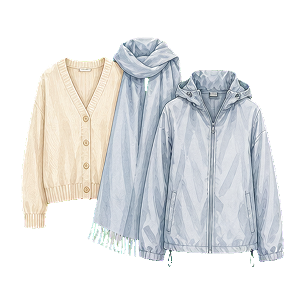Light cardigan or pashmina + thin packable jacket
