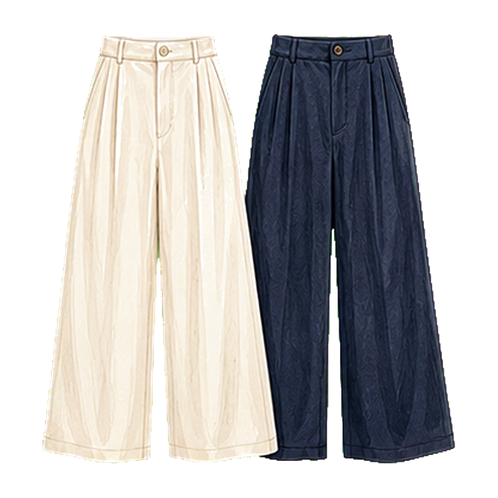 Rayon or linen-blend trousers (cream + navy)