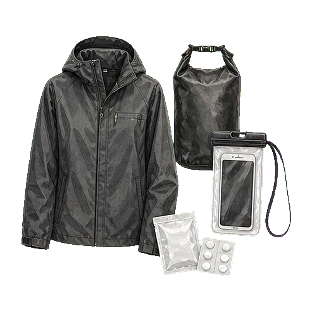 Heavy-duty rain shell + dry bag + electrolyte tabs (LMNT, Liquid IV)