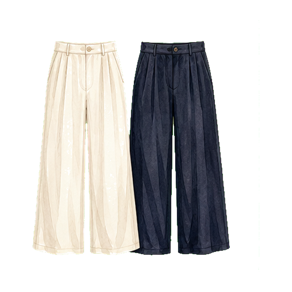 Linen-blend or rayon trousers (cream + navy)