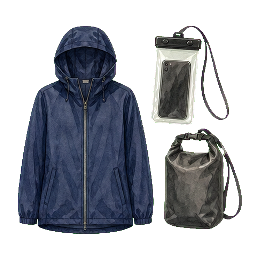 Heavy-duty packable rain shell + waterproof phone pouch + dry bag