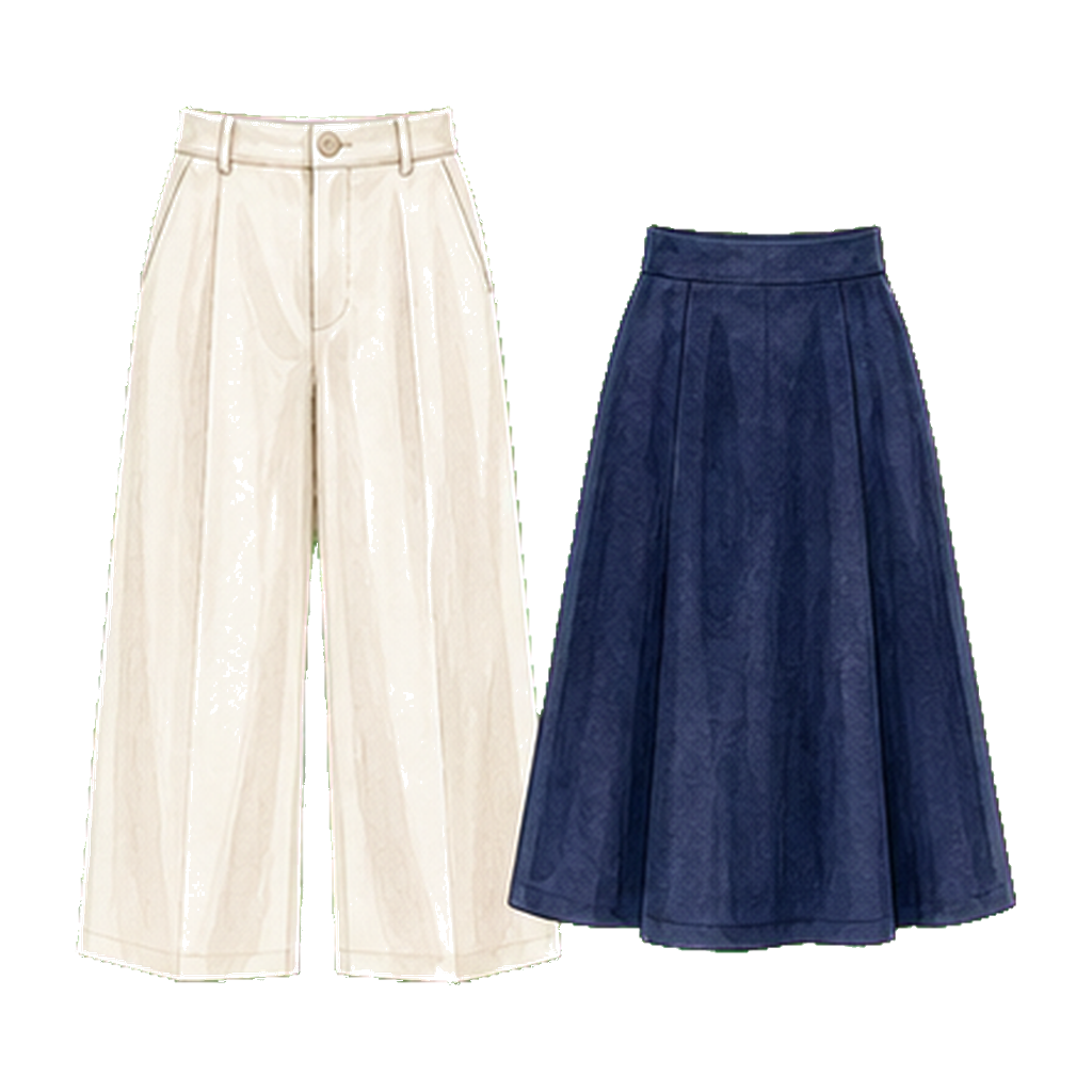 Linen-blend trousers or knee-length skirt