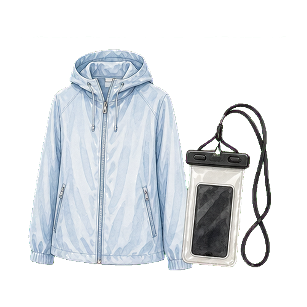 Packable rain shell + waterproof phone pouch