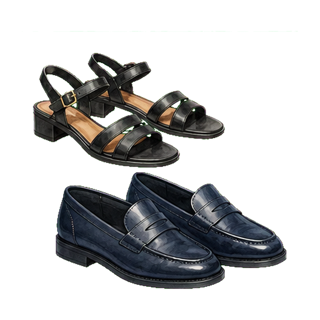 Low-heel leather sandals + closed-toe loafers