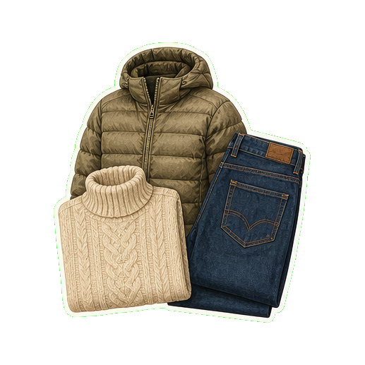 Stio Hometown Down Hooded jacket + cashmere knit + dark denim