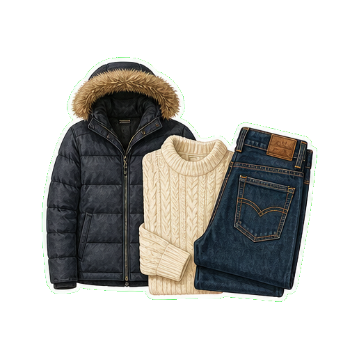 Stio Hometown Down Hooded jacket + cashmere knit + dark denim