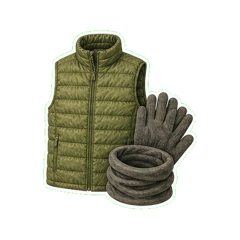 Stio Hometown Down vest + lightweight wool gloves + buff