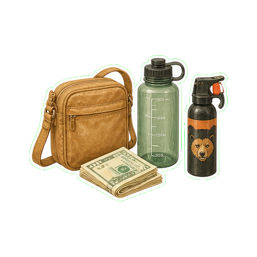 Crossbody bag + reusable water bottle 2L + cash USD + bear spray