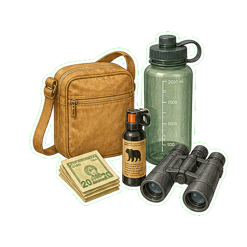 Crossbody bag + 2L water + cash USD + bear spray + binoculars