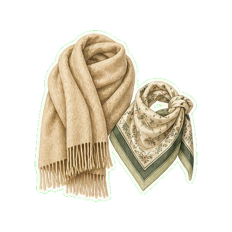 Loro Piana cashmere wrap or Naadam Mongolian-cashmere shawl + Hermès silk scarf