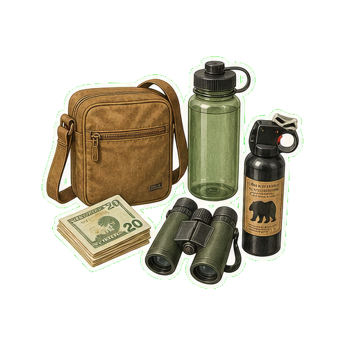 Crossbody bag + reusable water bottle 1L + cash USD + bear spray + binoculars
