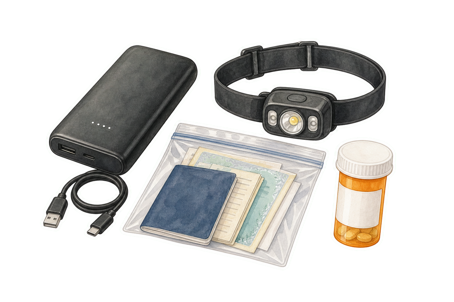 Power Bank Headlamp Documents And Medication Kit