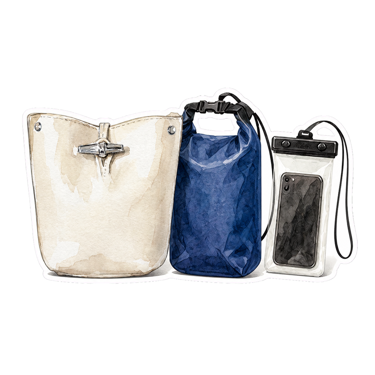 Cream Bucket Bag, Dry Bag, and Waterproof Phone Pouch