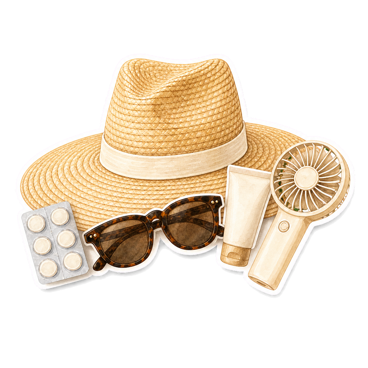 Sun Hat, Sunglasses, SPF, Fan, and Electrolytes