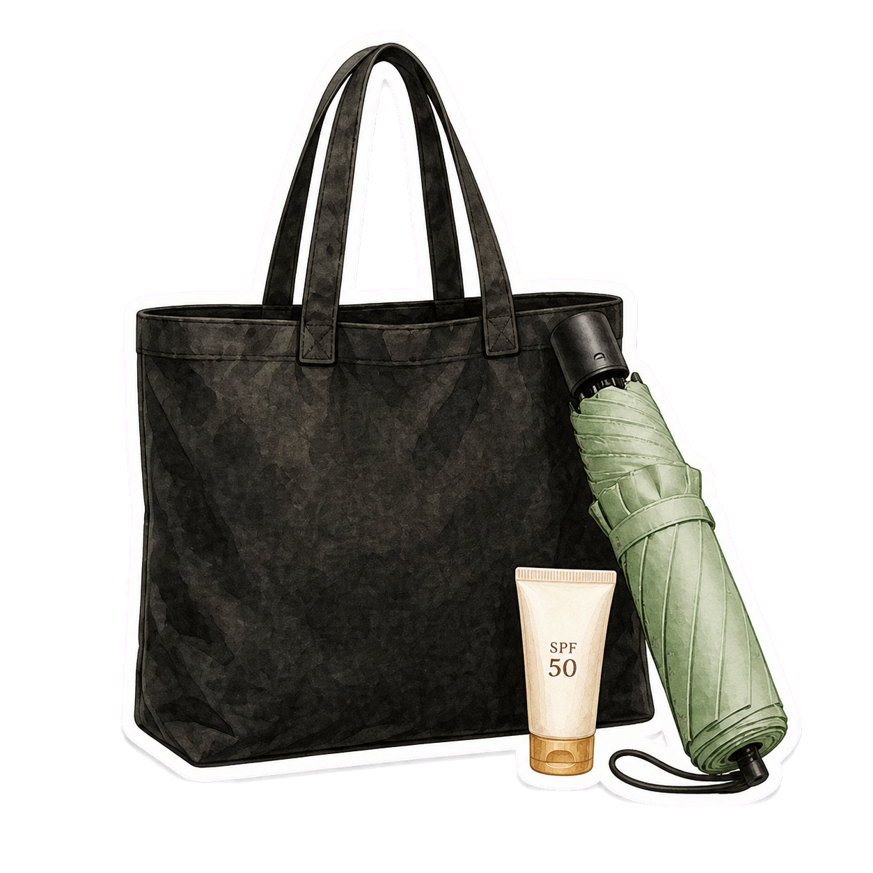 Canvas Tote, Compact Umbrella, and SPF 50