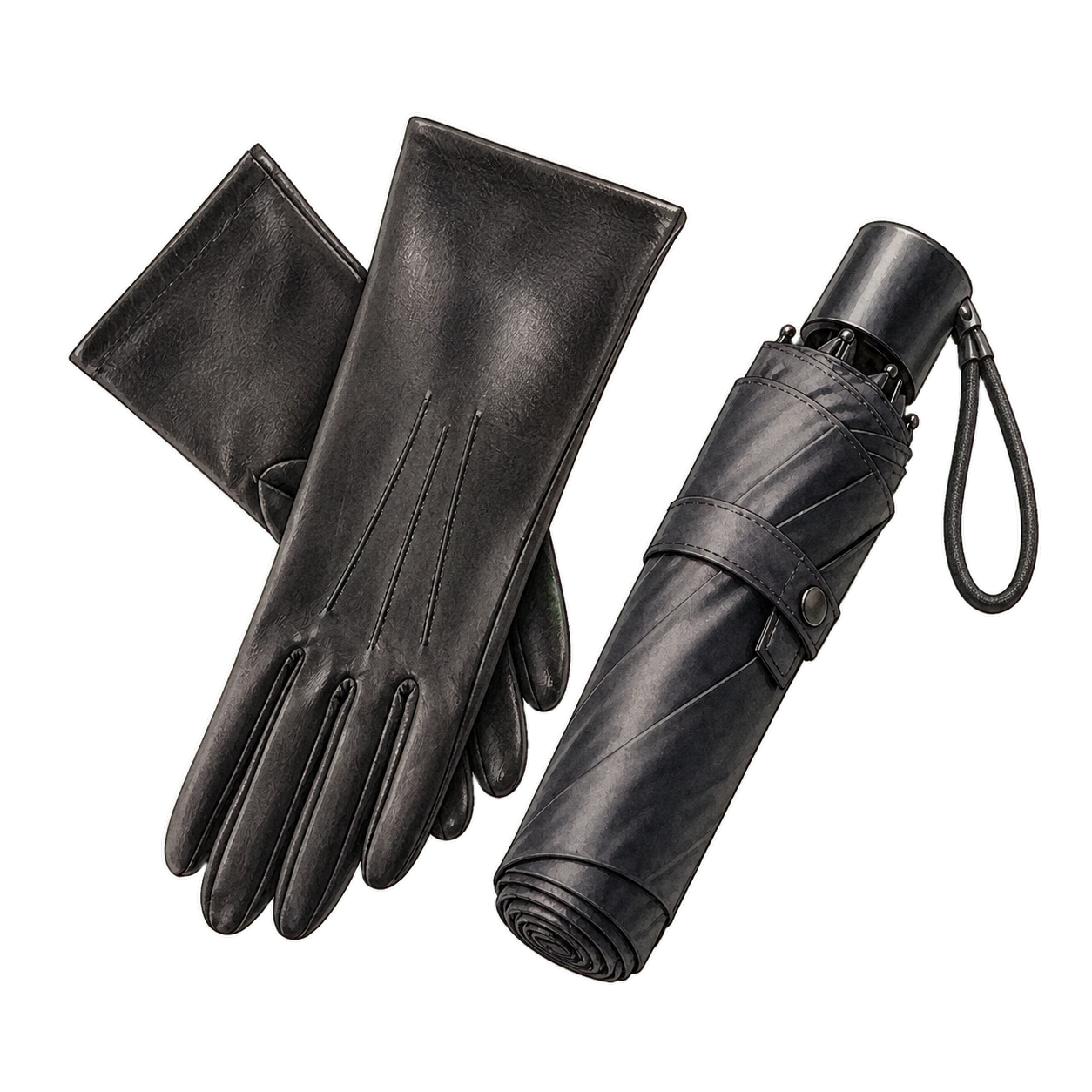 Black Leather Gloves and Compact Umbrella