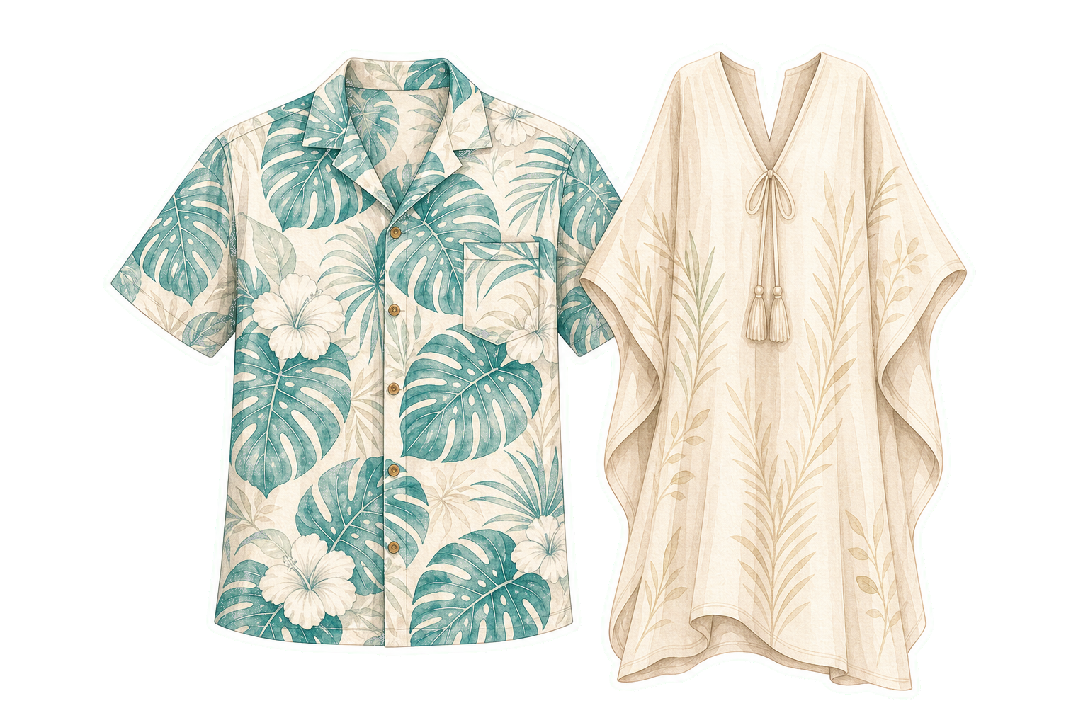 Teal Monstera Hawaiian Shirt And Oat Kaftan