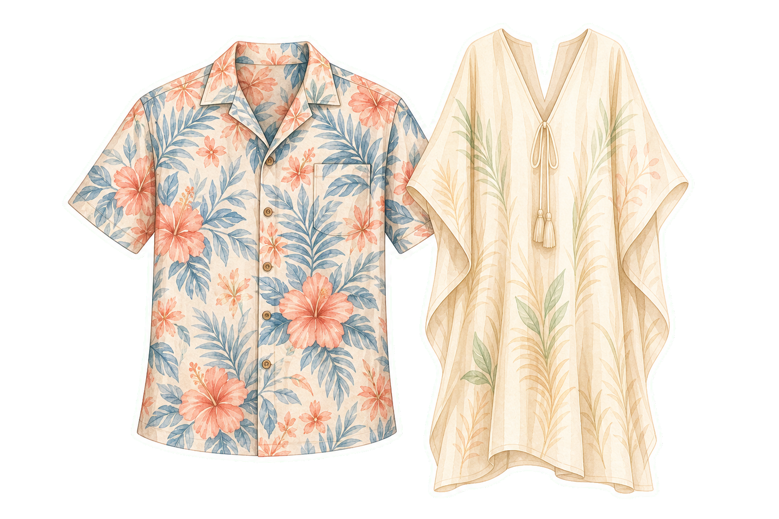 Coral Botanical Aloha Shirt And Cream Kaftan