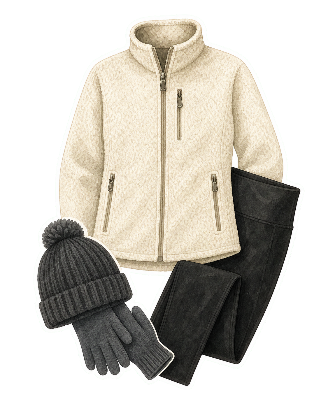 Ivory Fleece Black Leggings Beanie Gloves