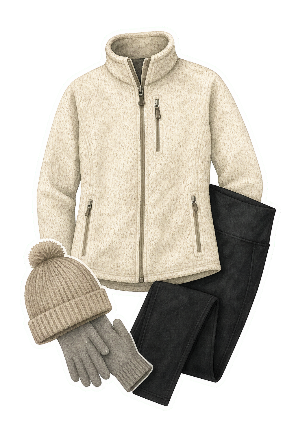 Stone Fleece Jacket Black Leggings Beanie Gloves