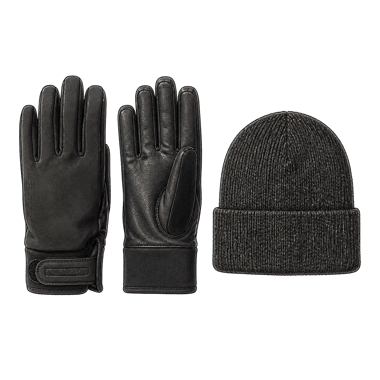 Black Waterproof Gloves and Lined Wool Beanie