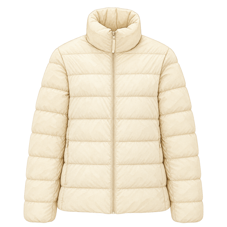 Cream down puffer jacket, stand collar, hip length