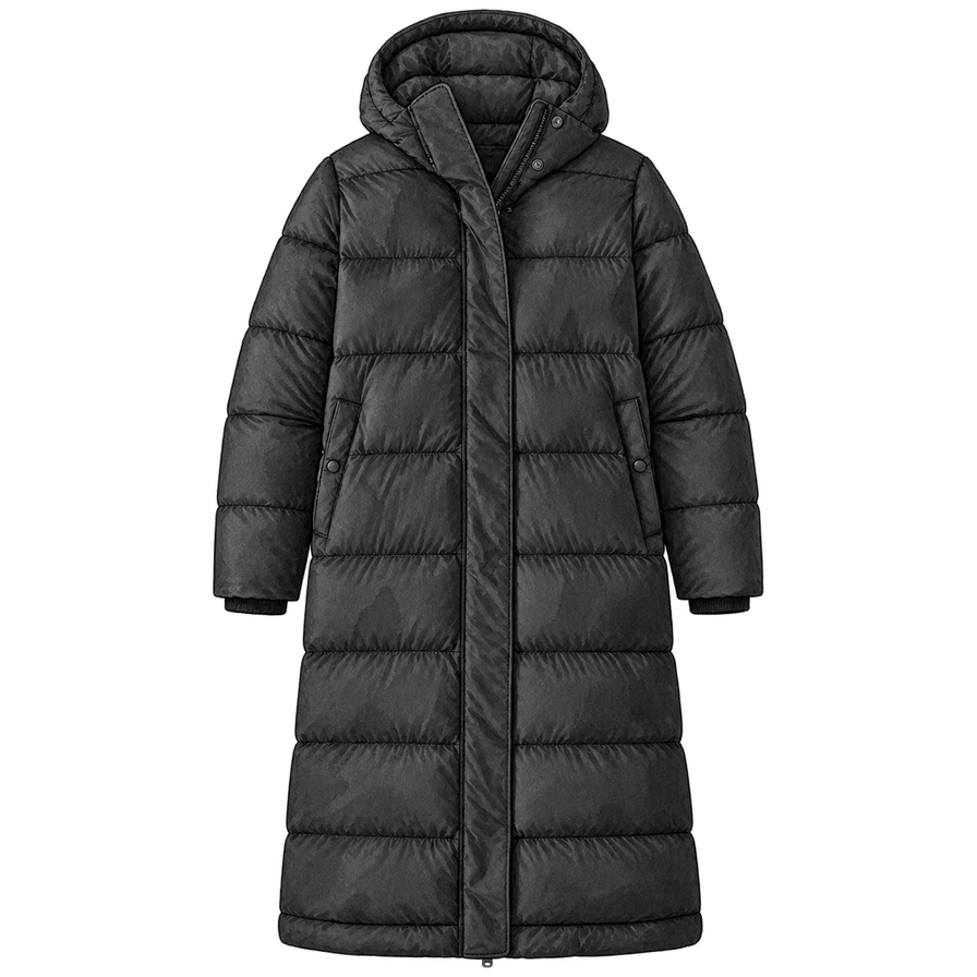 Black knee-length down coat with a hood