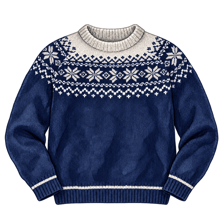 Navy and white patterned wool sweater, snowflake yoke