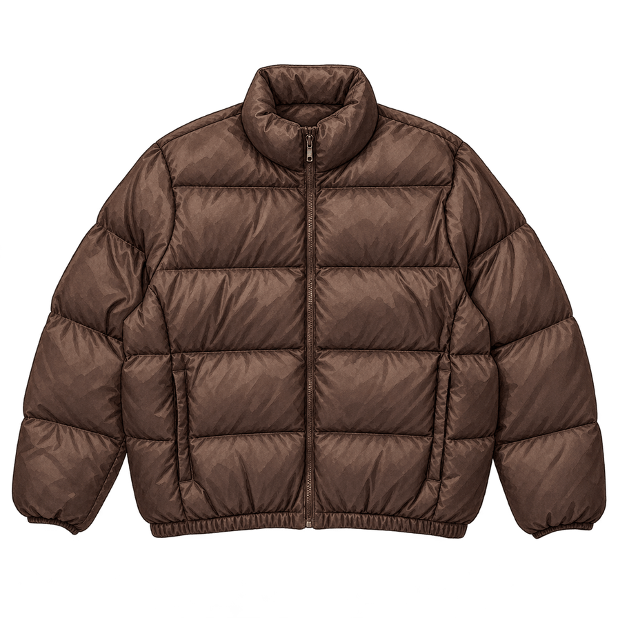 Dark brown down jacket, stand collar, hip length