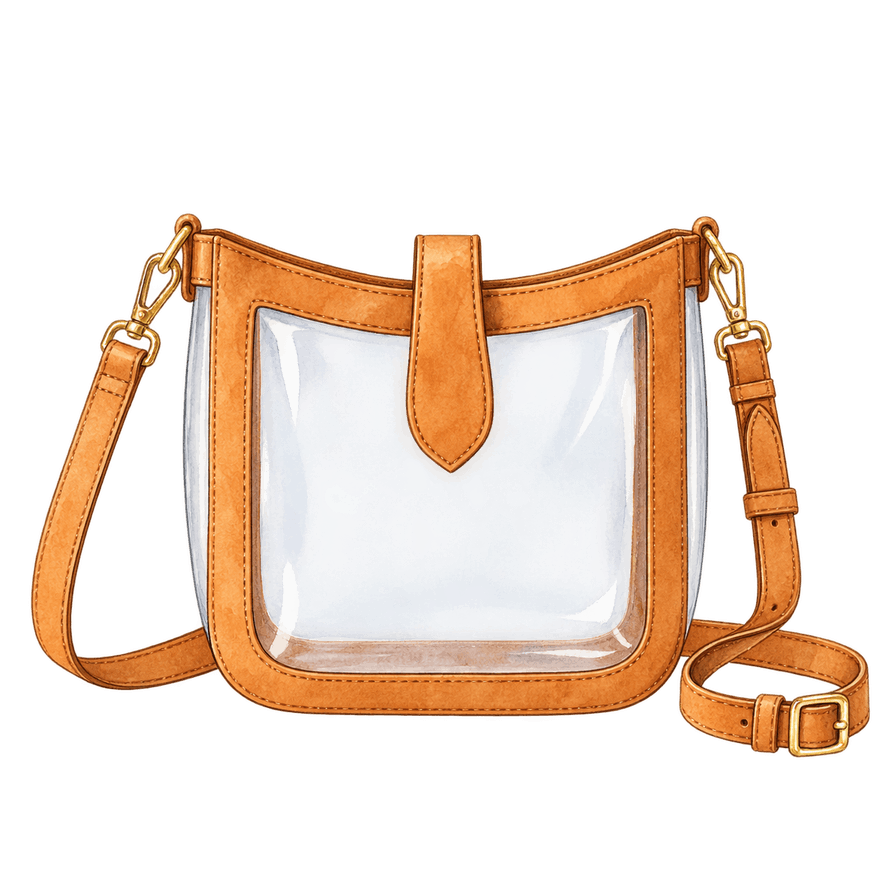 Clear crossbody bag with tan leather trim