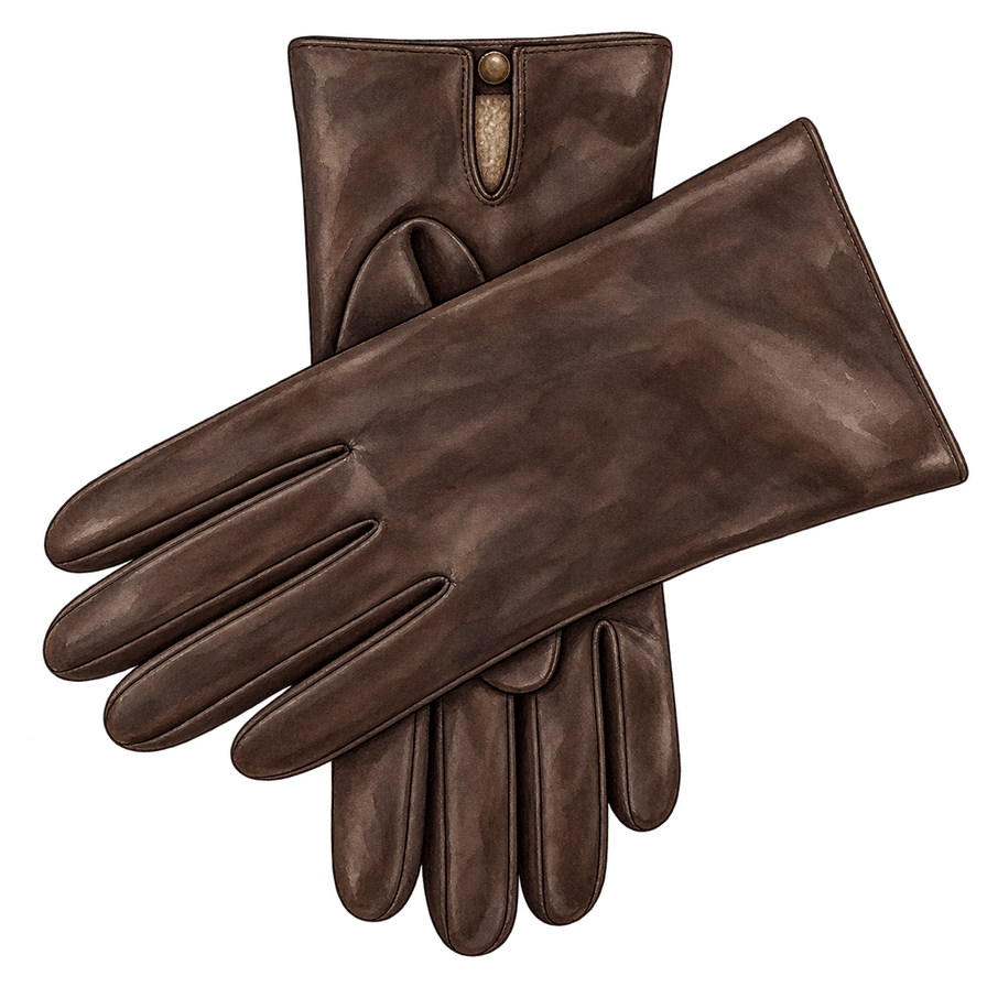 Dark brown leather gloves, short cuff, lined