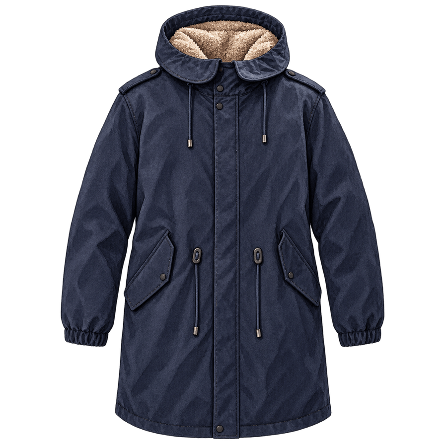 Dark navy knee-length insulated parka, sherpa-lined collar