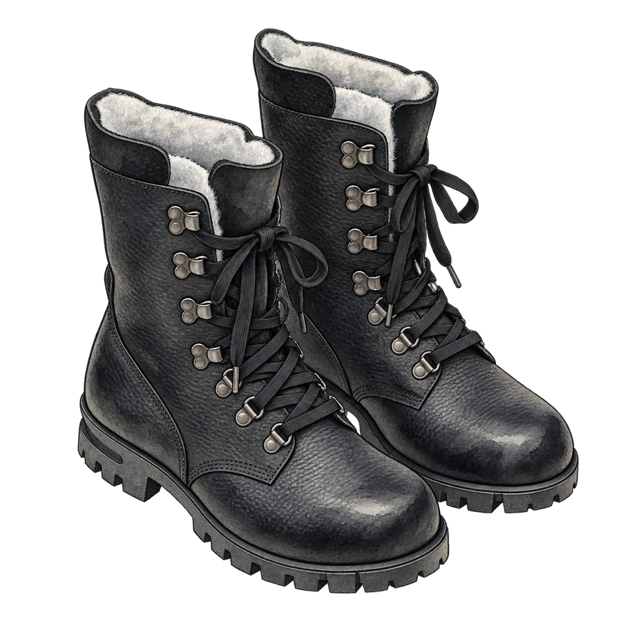 Black leather lace-up winter boots, felt-lined, cleated rubber sole