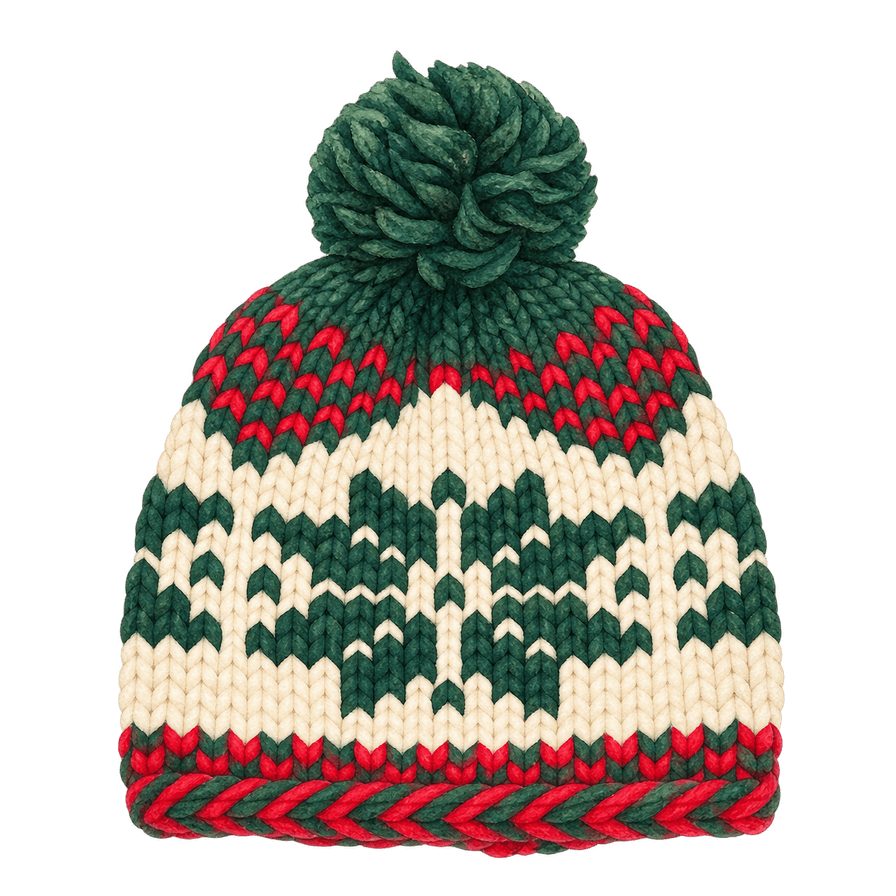Cream knitted wool hat with a red pattern band