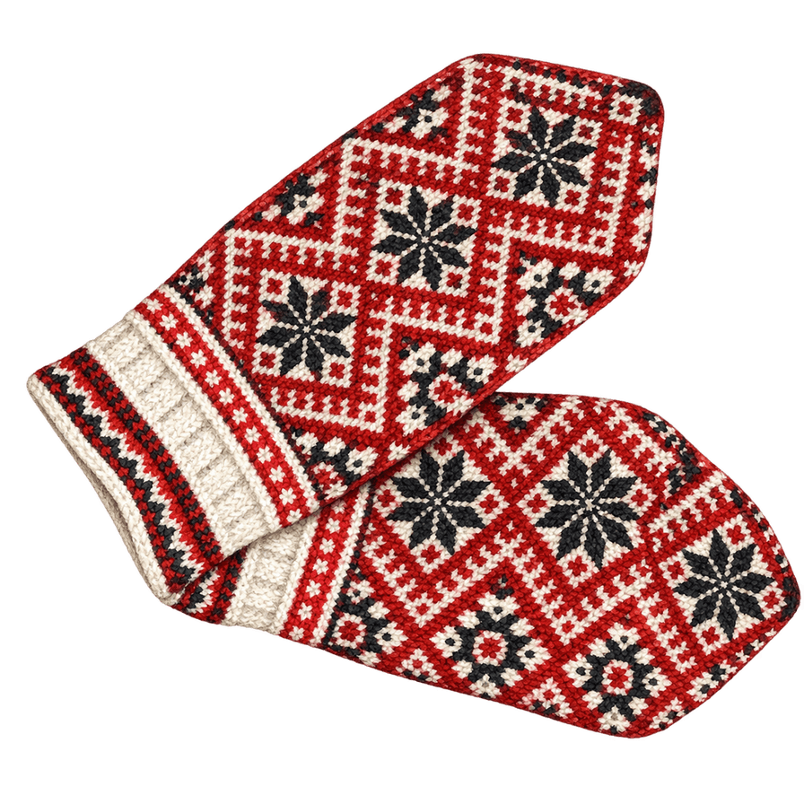 Red, black and white patterned knitted mittens