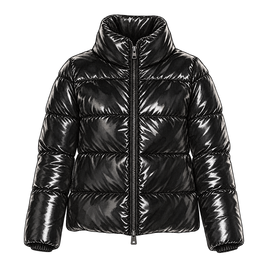 Black glossy down puffer jacket, hip length