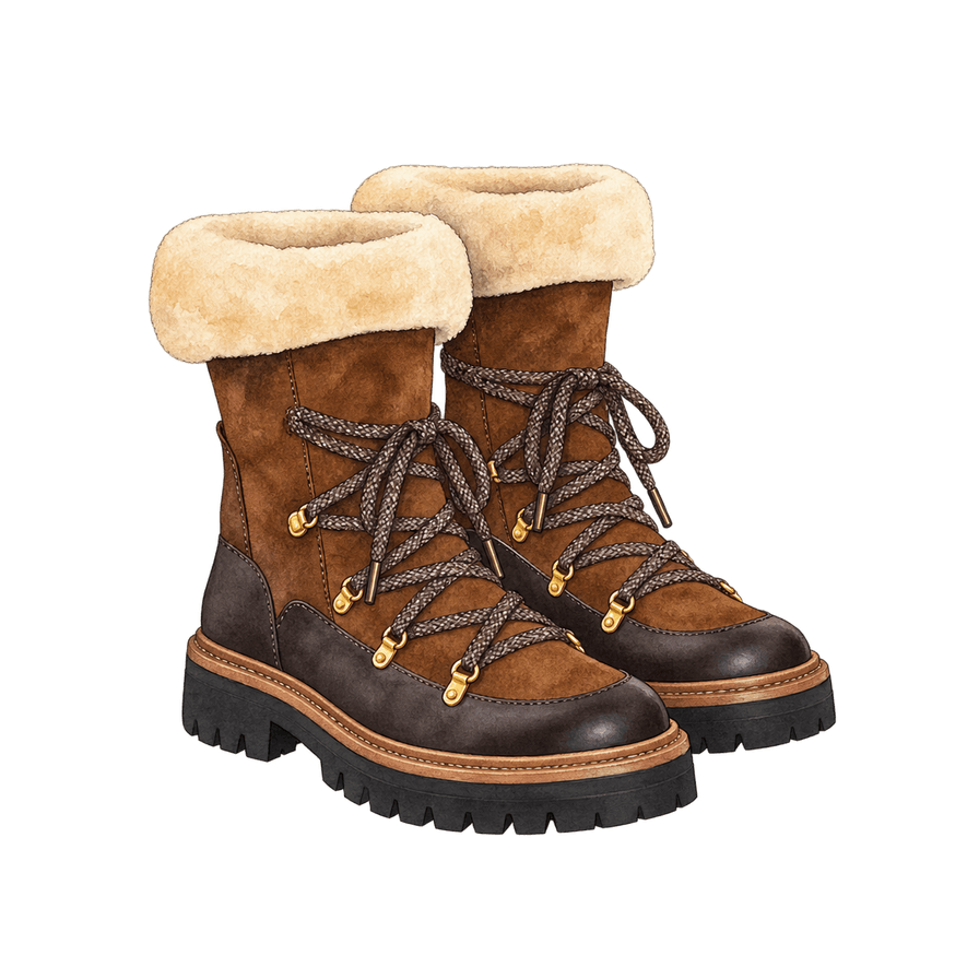 Brown suede snow boots with a shearling cuff