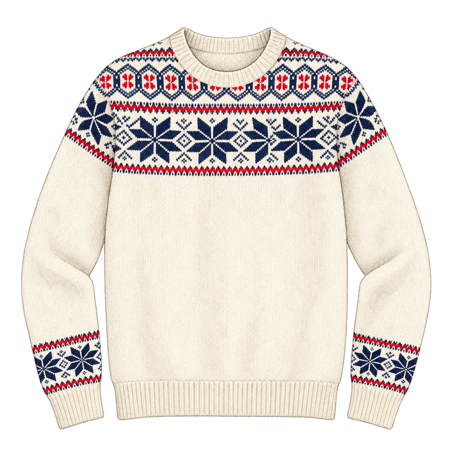 Cream wool ski sweater with a navy-and-red Fair Isle yoke