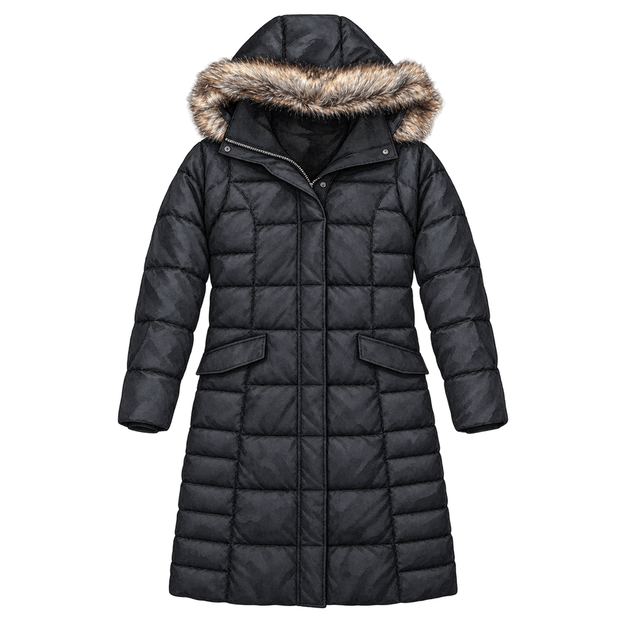 Black knee-length down parka with a hood