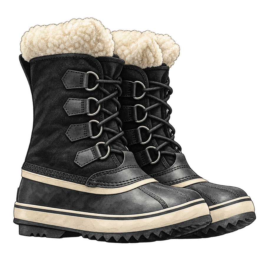 Black waterproof snow boots, faux-shearling cuff