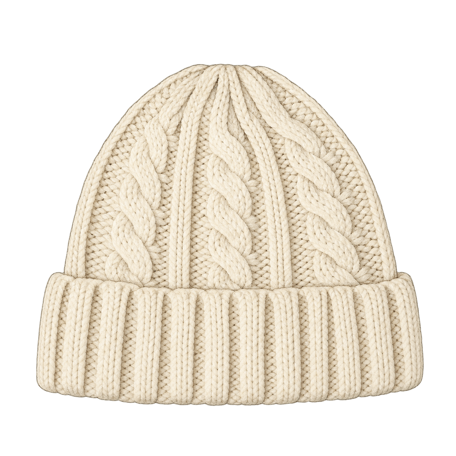 Cream cable-knit wool hat, folded cuff