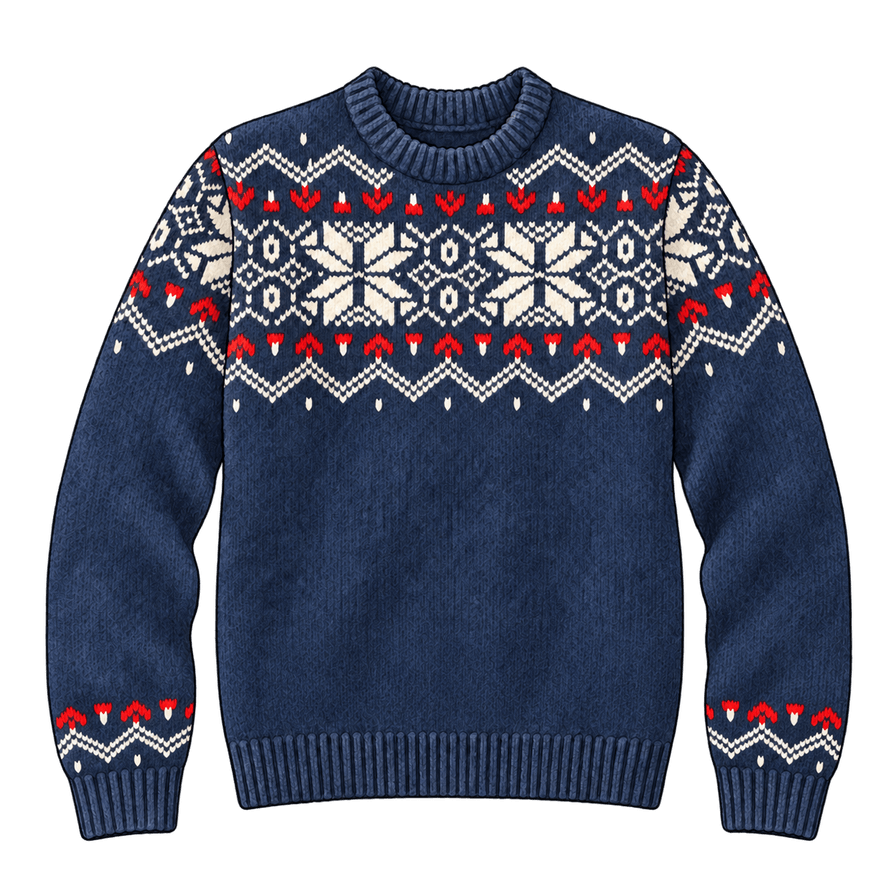 Navy wool crew sweater with a red-and-white Nordic star yoke