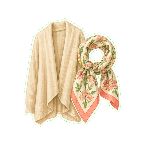 Light cardigan or cashmere wrap + Hermès silk scarf