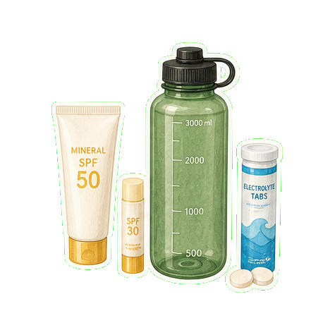 Mineral SPF 50 + lip balm SPF 30 + reusable water bottle 3L + LMNT electrolyte