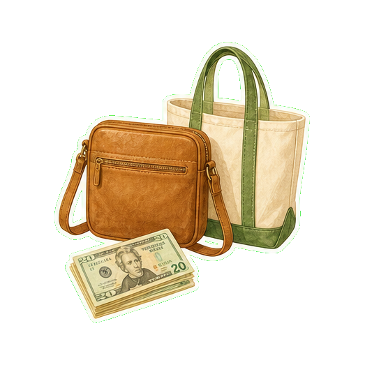 Crossbody bag + cash USD + reusable canvas tote