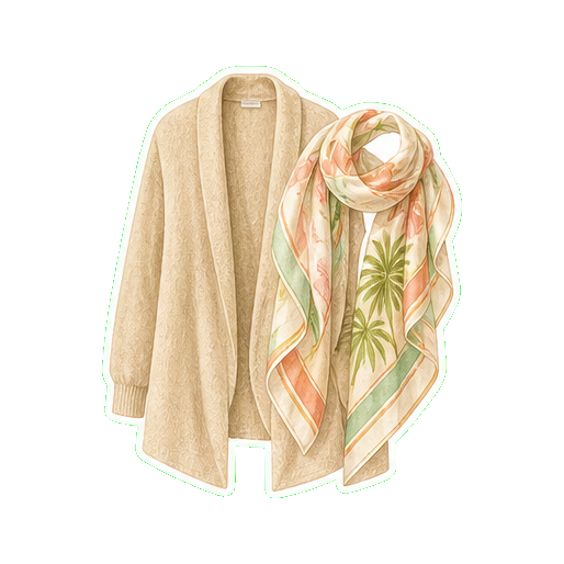 Light cardigan or cashmere wrap + Hermès silk scarf