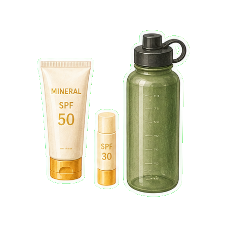 Mineral SPF 50 + lip balm SPF 30 + reusable water bottle 1L