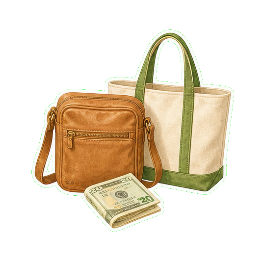 Crossbody bag + cash USD + reusable canvas tote